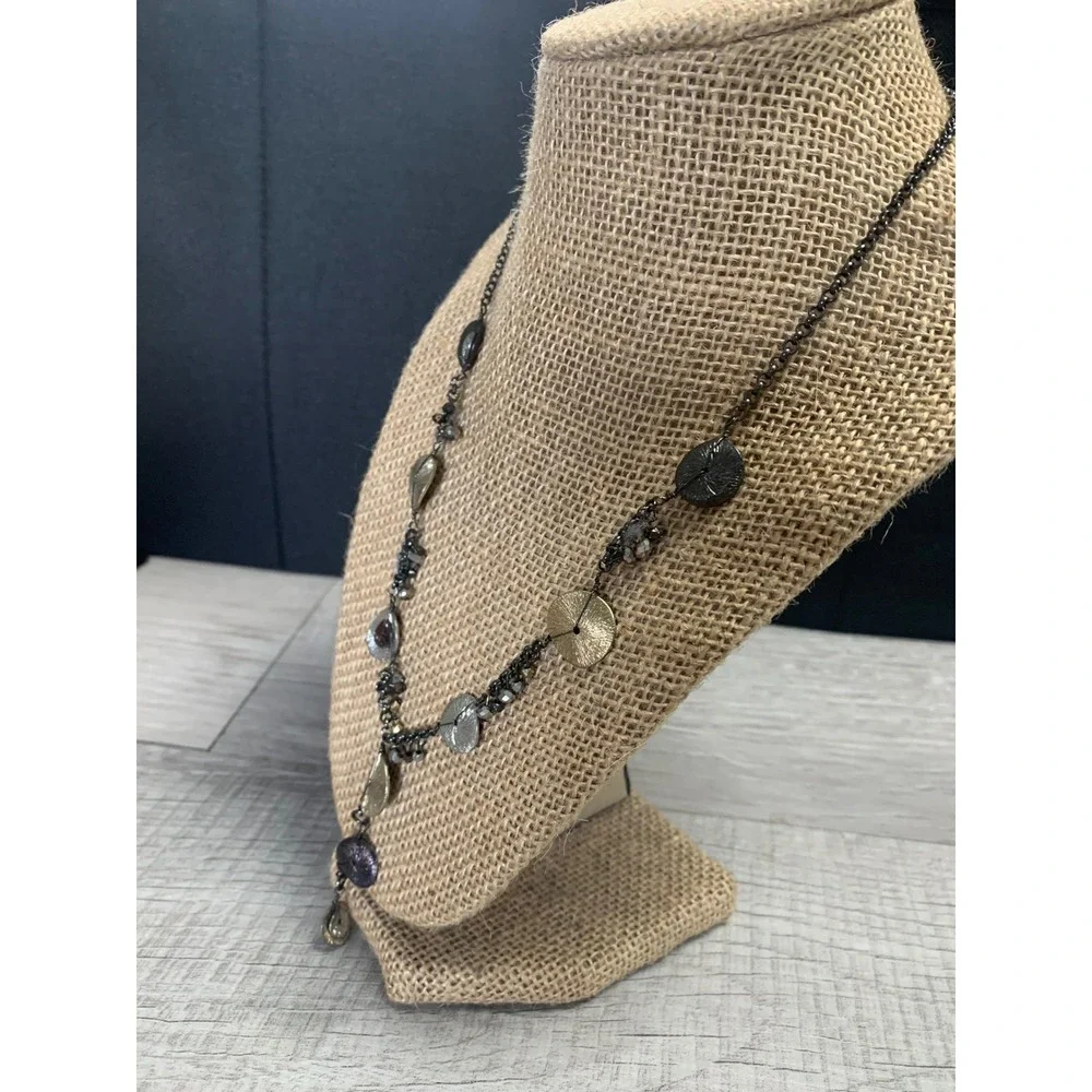 Napier Mixed Metal Textured Disc Y-Necklace Gunmetal Tone Beaded Drop Statement - Picture 2 of 10